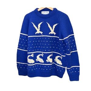Vintage Cod Jigger Canada Hand Knit Blue Wool Sweater Coastal Chic Maritime Sea